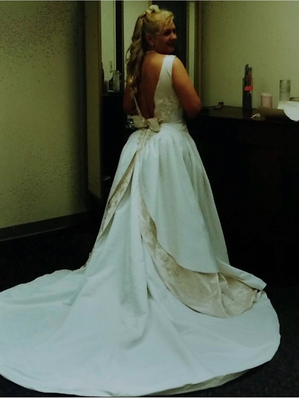 Mon Cheri Traditional Wedding Gown Champagne and Off-white in Color